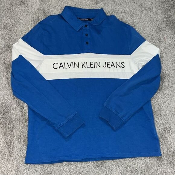 Royal Duke Blue Devils Color Stripe Calvin Klein Jeans LS Polo Rugby Shirt Retro - Picture 1 of 4